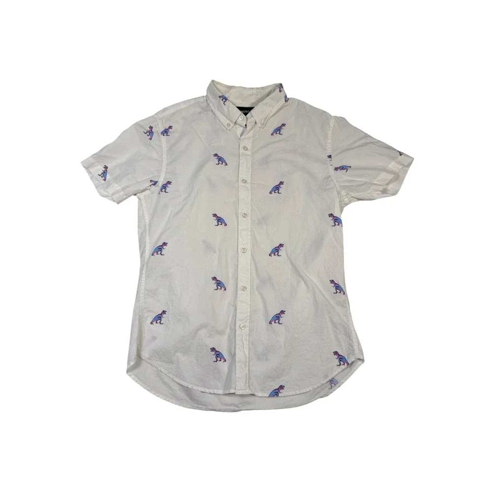 Bonobos Mens Slim Fit Short Sleeve White Dinosaur T-Rex Print Shirt Medium